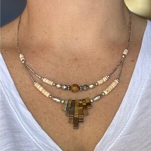 Boho Chic Two-Layer Necklace Featuring Tiger's Eye, Shell, and Silver Tone Beads